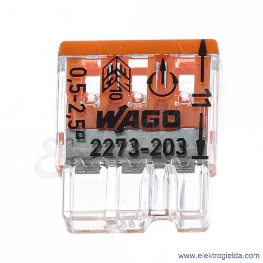 Złączka instalacyjna 2273-203 3x2,5mm2 (0.5-2,5mm2) pomarańczowa Złączka instalacyjna 2273-203 3x2,5mm2 (0.5-2,5mm2) pomarańczowa