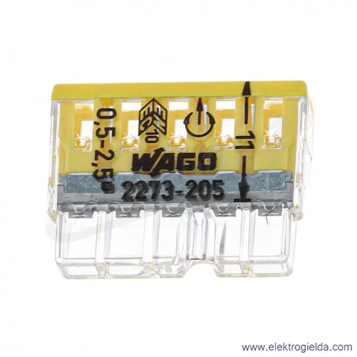 Złączka instalacyjna 2273-205 5x2,5mm2 (0.5-2,5mm2) żółta Złączka instalacyjna 2273-205 5x2,5mm2 (0.5-2,5mm2) żółta