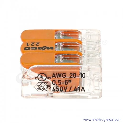 Złączka instalacyjna 221-613 221-613 3x6mm2 (0.5-6mm2) uniwersalna z dźwignią Złączka instalacyjna 221-613 221-613 3x6mm2 (0.5-6mm2) uniwersalna z dźwignią