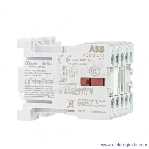Stycznik MC1A310ATU 400V AC 50/60 HZ, 1NO, 4KW/400V AC-3, 20A AC-1, 3-polowy Stycznik MC1A310ATU 400V AC 50/60 HZ, 1NO, 4KW/400V AC-3, 20A AC-1, 3-polowy