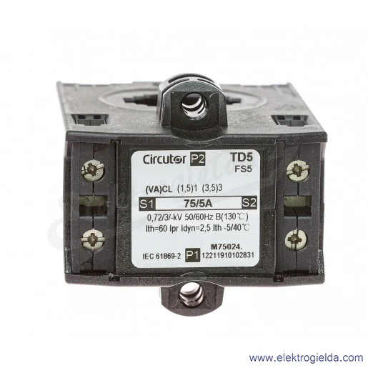Przekładnik prądowy M75024, TD5 75/5A, szyna 25X5/20x10, 1,5VA (klasa1), IP20 Przekładnik prądowy M75024, TD5 75/5A, szyna 25X5/20x10, 1,5VA (klasa1), IP20