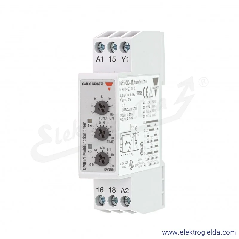 Przekaźnik czasowy DMB51CM24, SPDT, 0.1s-100h, 5A, 24VDC, 250VAC, 7 funkcji czasowych, montaż DIN Przekaźnik czasowy DMB51CM24, SPDT, 0.1s-100h, 5A, 24VDC, 250VAC, 7 funkcji czasowych, montaż DIN