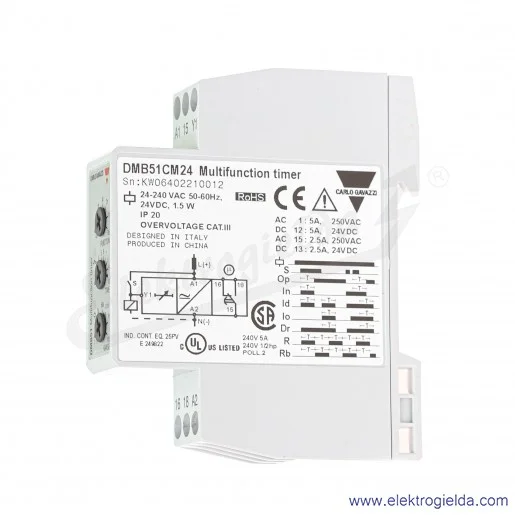 Przekaźnik czasowy DMB51CM24, SPDT, 0.1s-100h, 5A, 24VDC, 250VAC, 7 funkcji czasowych, montaż DIN