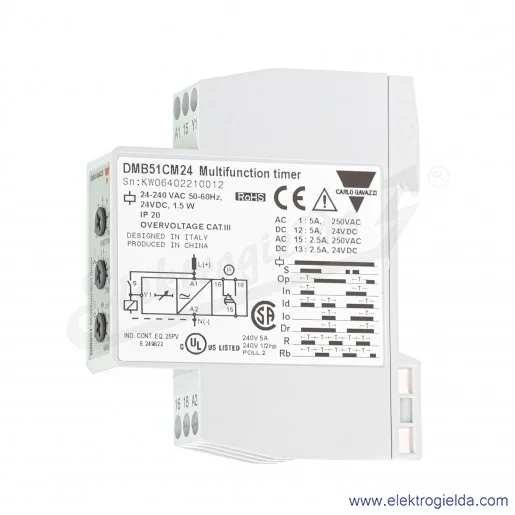 Przekaźnik czasowy DMB51CM24, SPDT, 0.1s-100h, 5A, 24VDC, 250VAC, 7 funkcji czasowych, montaż DIN Przekaźnik czasowy DMB51CM24, SPDT, 0.1s-100h, 5A, 24VDC, 250VAC, 7 funkcji czasowych, montaż DIN