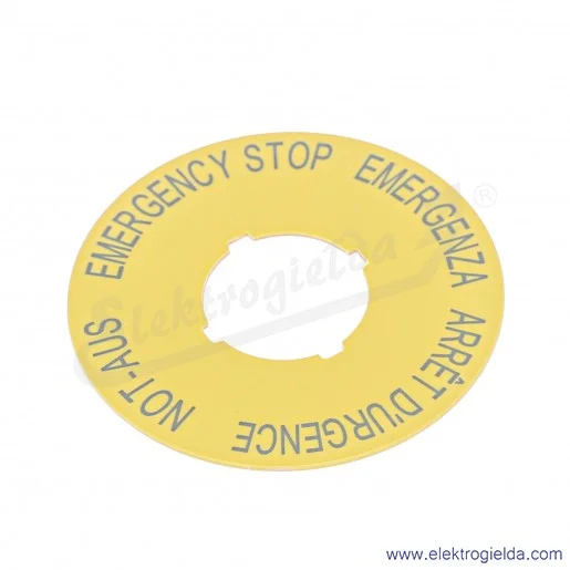 Tabliczka opisowa żółta 216483, M22-XBK1, "EMERGENCY STOP", fi 60mm Tabliczka opisowa żółta 216483, M22-XBK1, "EMERGENCY STOP", fi 60mm