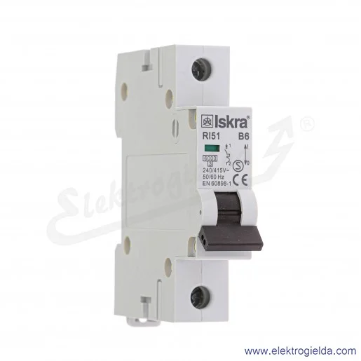 Wyłącznik nadprądowy RI51B6 1P, 6A, typ B, 6kA Wyłącznik nadprądowy RI51B6 1P, 6A, typ B, 6kA