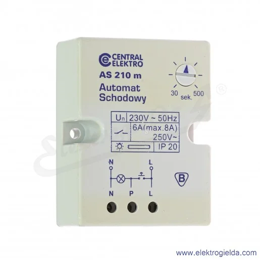 Automat schodowy AS-210m 30..500s, 230V, max 8A, IP20, Central elektro Automat schodowy AS-210m 30..500s, 230V, max 8A, IP20, Central elektro