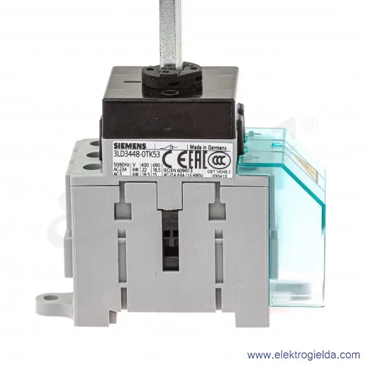 Rozłącznik izolacyjny 3LD3448-0TK53 63A, 3-biegunowy, 22 KW, montaż na płycie lub szynie TS-35 przez otwór centralny 22.5mm, żół Rozłącznik izolacyjny 3LD3448-0TK53 63A, 3-biegunowy, 22 KW, montaż na płycie lub szynie TS-35 przez otwór centralny 22.5mm, żół