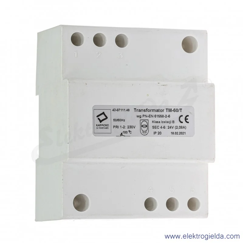 Transformator 43-07111.48 TM-60, 60VA 230/24V, montaż DIN Transformator 43-07111.48 TM-60, 60VA 230/24V, montaż DIN