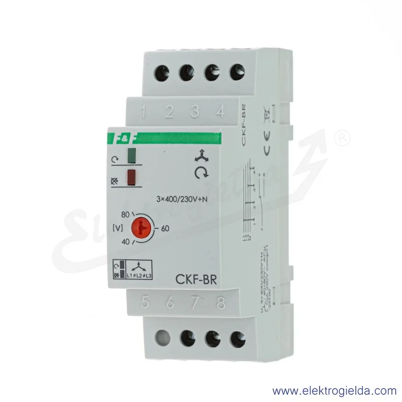 Przekaźnik kontroli faz CKF-BR, Un 3×400V+N, Io 10a, czujnik kolejności i zaniku faz, montaż na szynie din