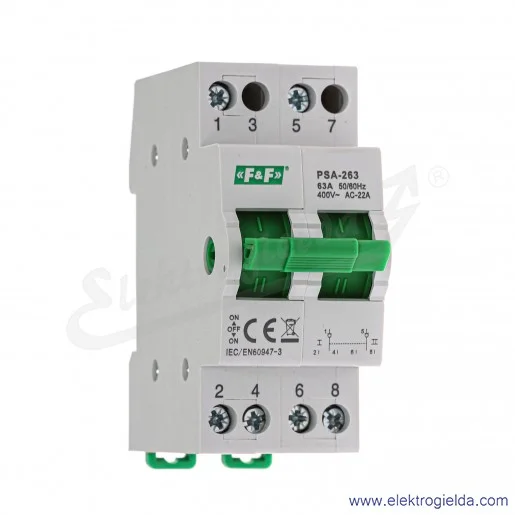 Przełącznik PSA-263, sieć-agregat PSA-263, 2 tory, 63A, P(415V) 26.1kW, montaż DIN Przełącznik PSA-263, sieć-agregat PSA-263, 2 tory, 63A, P(415V) 26.1kW, montaż DIN
