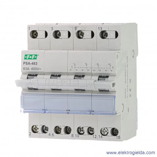 Przełącznik sieć-agregat PSA-463, 4 tory, 63A, 230..400V, 26.1kW, montaż DIN Przełącznik sieć-agregat PSA-463, 4 tory, 63A, 230..400V, 26.1kW, montaż DIN