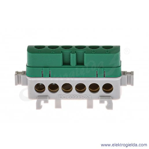 Listwa przyłączeniowa A18-0058 LPI-6z 16mm2, 400V 76A, zielona z poliamidu Listwa przyłączeniowa A18-0058 LPI-6z 16mm2, 400V 76A, zielona z poliamidu