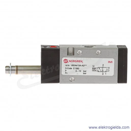 Zawór rozdzielający 3/2 G1/8 NC monostabilny, sterowany elektromagnetycznie, pilot zasilany wewnętrznie, 2-8 bar, bez cewki V60A Zawór rozdzielający 3/2 G1/8 NC monostabilny, sterowany elektromagnetycznie, pilot zasilany wewnętrznie, 2-8 bar, bez cewki V60A