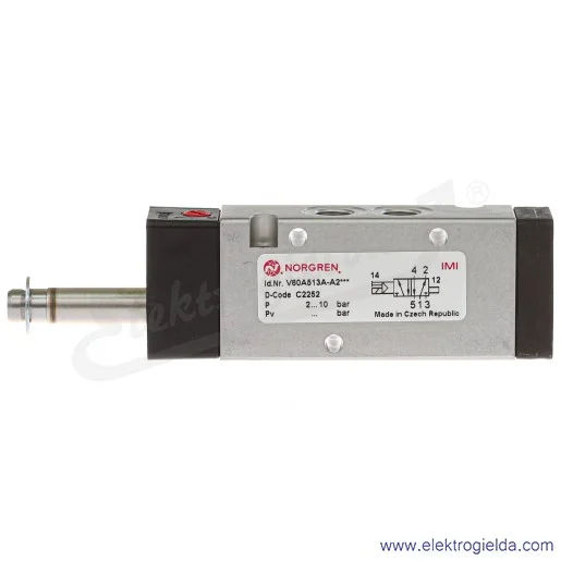 Zawór rozdzielający 5/2 G1/8 monostabilny, sterowany elektromagnetycznie, pilot zasilany wewnętrznie, 2-8 bar, bez cewki V60A513 Zawór rozdzielający 5/2 G1/8 monostabilny, sterowany elektromagnetycznie, pilot zasilany wewnętrznie, 2-8 bar, bez cewki V60A513