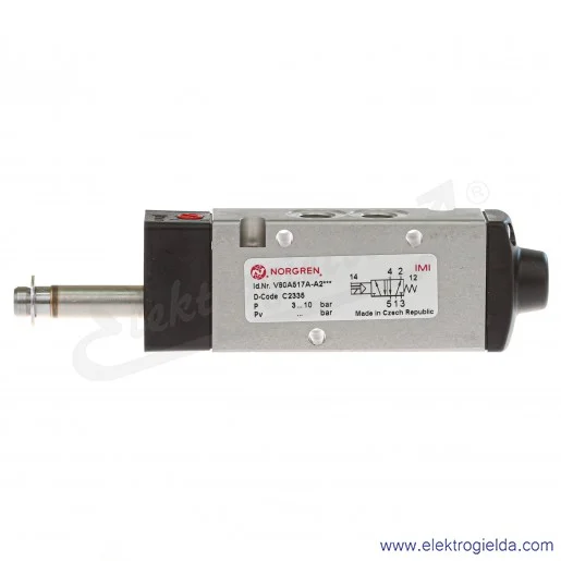 Zawór rozdzielający 5/2 G1/8 monostabilny, sterowany elektromagnetycznie, pilot zasilany wewnętrznie, 3-8 bar, bez cewki V60A517 Zawór rozdzielający 5/2 G1/8 monostabilny, sterowany elektromagnetycznie, pilot zasilany wewnętrznie, 3-8 bar, bez cewki V60A517