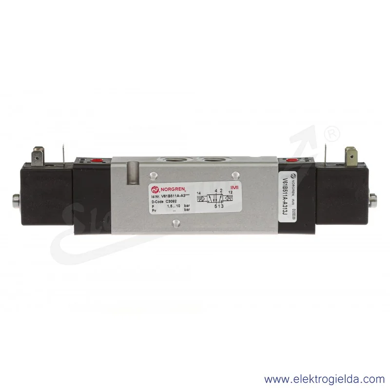 Zawór rozdzielający 5/2 G3/8 bistabilny, sterowany elektromagnetycznie, pilot zasilany wewnętrznie, 2-8 bar, V61B511A-A313J Zawór rozdzielający 5/2 G3/8 bistabilny, sterowany elektromagnetycznie, pilot zasilany wewnętrznie, 2-8 bar, V61B511A-A313J