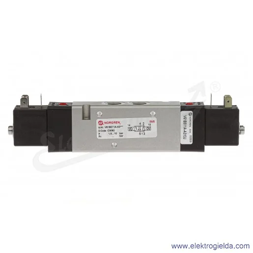 Zawór rozdzielający 5/2 G3/8 bistabilny, sterowany elektromagnetycznie, pilot zasilany wewnętrznie, 2-8 bar, V61B511A-A313J Zawór rozdzielający 5/2 G3/8 bistabilny, sterowany elektromagnetycznie, pilot zasilany wewnętrznie, 2-8 bar, V61B511A-A313J