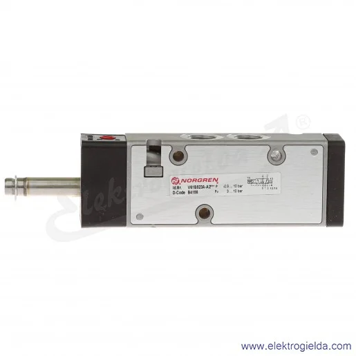 Zawór rozdzielający 5/2 G1/4 monostabilny, sterowany elektromagnetycznie, pilot zasilany zewnętrznie, -0,9-8 bar, bez cewek V61B Zawór rozdzielający 5/2 G1/4 monostabilny, sterowany elektromagnetycznie, pilot zasilany zewnętrznie, -0,9-8 bar, bez cewek V61B