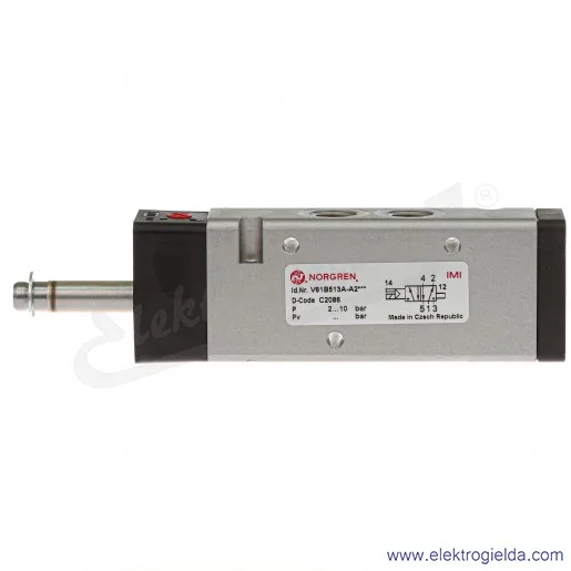 Zawór rozdzielający 5/2 G1/4 monostabilny, sterowany elektromagnetycznie, pilot zasilany wewnętrznie, 2-8 bar, bez cewki V61B513 Zawór rozdzielający 5/2 G1/4 monostabilny, sterowany elektromagnetycznie, pilot zasilany wewnętrznie, 2-8 bar, bez cewki V61B513