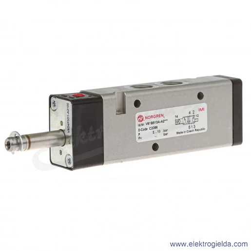 Zawór rozdzielający 5/2 G1/4 monostabilny, sterowany elektromagnetycznie, pilot zasilany wewnętrznie, 2-8 bar, bez cewki V61B513 Zawór rozdzielający 5/2 G1/4 monostabilny, sterowany elektromagnetycznie, pilot zasilany wewnętrznie, 2-8 bar, bez cewki V61B513