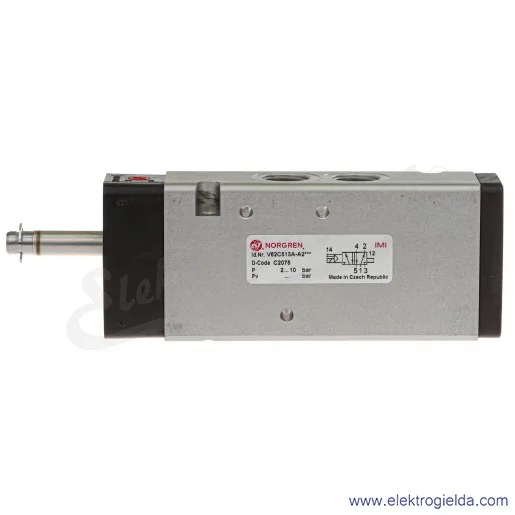 Zawór rozdzielający 5/2 G3/8 monostabilny, sterowany elektromagnetycznie, pilot zasilany wewnętrznie, 2-8 bar, bez cewki V62C513 Zawór rozdzielający 5/2 G3/8 monostabilny, sterowany elektromagnetycznie, pilot zasilany wewnętrznie, 2-8 bar, bez cewki V62C513