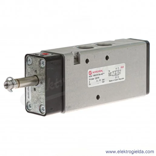 Zawór rozdzielający 5/2 G3/8 monostabilny, sterowany elektromagnetycznie, pilot zasilany wewnętrznie, 2-8 bar, bez cewki V62C513 Zawór rozdzielający 5/2 G3/8 monostabilny, sterowany elektromagnetycznie, pilot zasilany wewnętrznie, 2-8 bar, bez cewki V62C513