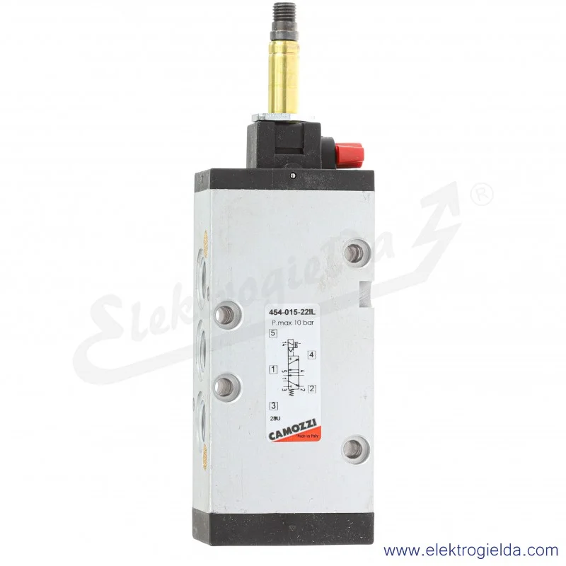 Zawór rozdzielający elektromagnetyczny 454-015-22IL, 5/2 monostabilny, G1/4, 2.5-10 Bar, 1250 l/min, wysterowanie ręczne za pomo Zawór rozdzielający elektromagnetyczny 454-015-22IL, 5/2 monostabilny, G1/4, 2.5-10 Bar, 1250 l/min, wysterowanie ręczne za pomo