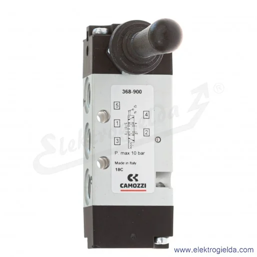 Zawór rozdzielający ręczny 368-900, 5/3 w pozycji środkowej zamknięty, G1/8, element sterujący dźwignia, -0.9-10 Bar, 500 l/min Zawór rozdzielający ręczny 368-900, 5/3 w pozycji środkowej zamknięty, G1/8, element sterujący dźwignia, -0.9-10 Bar, 500 l/min