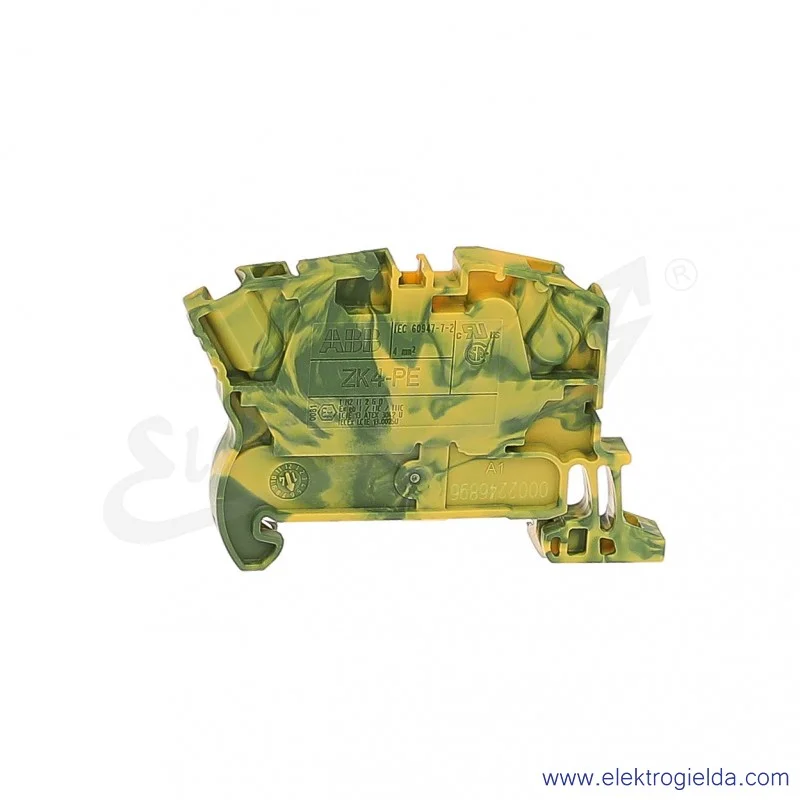 Złączka ZK4-PE przelotowa ochronna z zaciskami sprężynowymi 0,5-4mm2; szerokość 6mm; żółto-zielona Złączka ZK4-PE przelotowa ochronna z zaciskami sprężynowymi 0,5-4mm2; szerokość 6mm; żółto-zielona