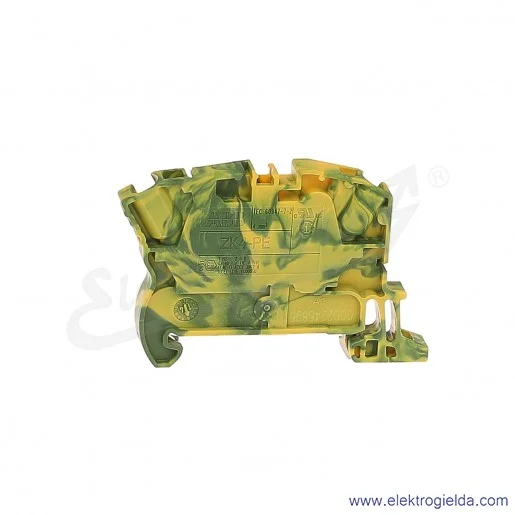 Złączka ZK4-PE przelotowa ochronna z zaciskami sprężynowymi 0,5-4mm2; szerokość 6mm; żółto-zielona Złączka ZK4-PE przelotowa ochronna z zaciskami sprężynowymi 0,5-4mm2; szerokość 6mm; żółto-zielona