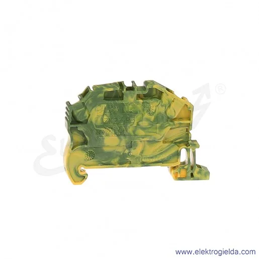 Złączka ZK2,5-PE przelotowa ochronna z zaciskami sprężynowymi 0,2-2,5mm2; szerokość 5mm; żółto-zielona Złączka ZK2,5-PE przelotowa ochronna z zaciskami sprężynowymi 0,2-2,5mm2; szerokość 5mm; żółto-zielona