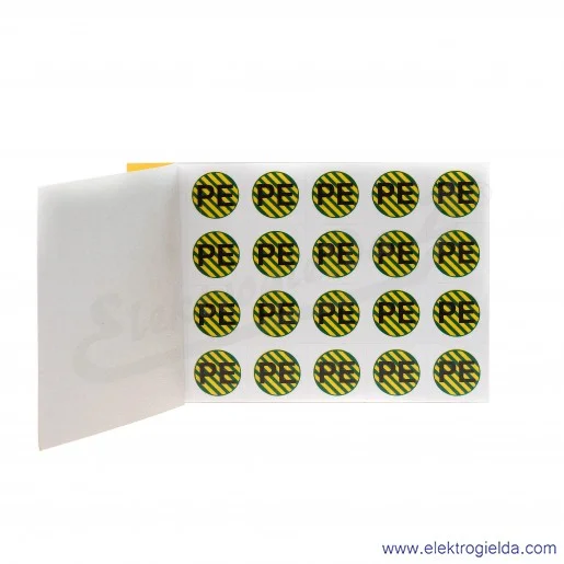 Znaki samoprzylepne E04ZP-02030403400, ZS D20/PE czarny znak "PE" na żółto zielonym tle, 10 arkuszy po 20 sztuk Znaki samoprzylepne E04ZP-02030403400, ZS D20/PE czarny znak "PE" na żółto zielonym tle, 10 arkuszy po 20 sztuk