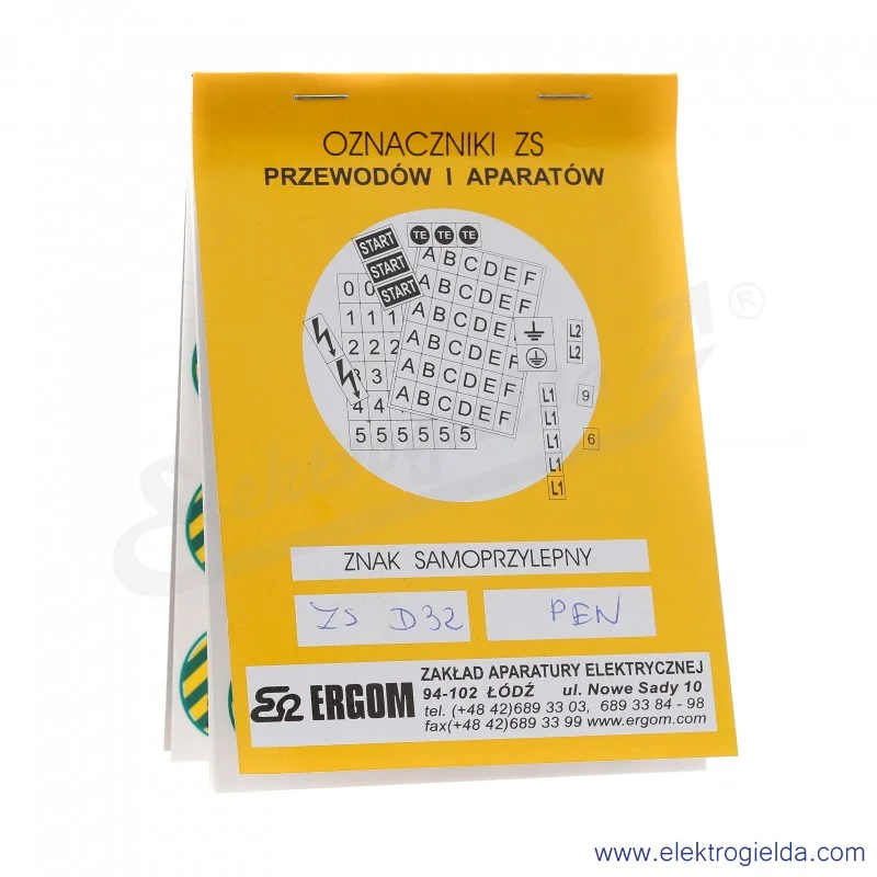 Znaki samoprzylepne E04ZP-02030405500, ZS D32/PEN, biały znak "PEN" na żółto-zielonym tle, 10 arkuszy po 12 sztuk