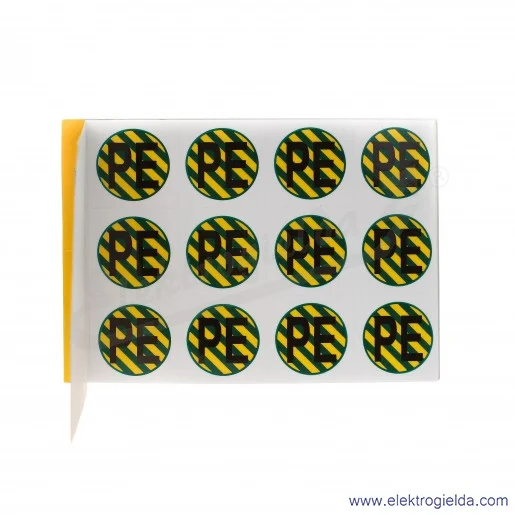 Znaki samoprzylepne E04ZP-02030405400 ZS D32/PE biały znak "PE" na żółto-zielonym tle, 10 arkuszy po 12 sztuk Znaki samoprzylepne E04ZP-02030405400 ZS D32/PE biały znak "PE" na żółto-zielonym tle, 10 arkuszy po 12 sztuk