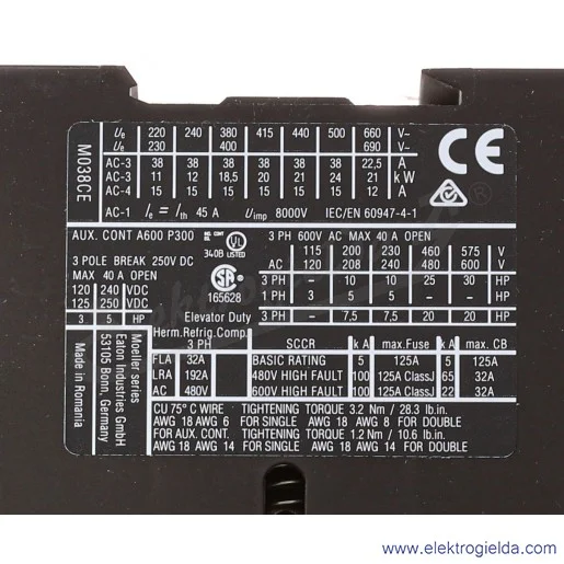 Stycznik mocy 190008 DILM38-01-EA(RDC24) 3P+1NC 18,5kW 38A Us 24VDC