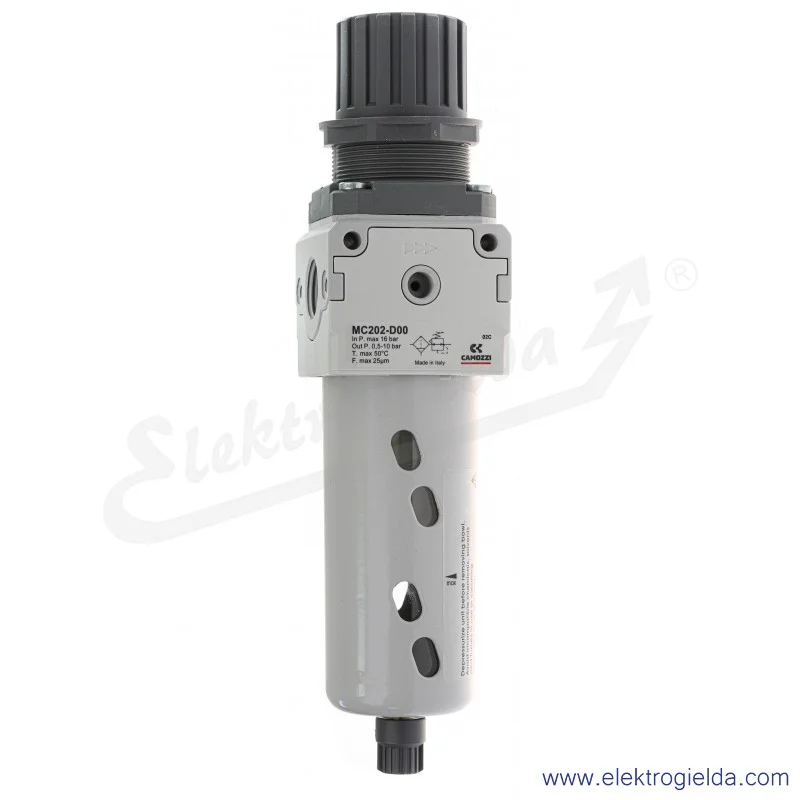 Filtroreduktor MC202-D00, G1/2, zakres regulacji 0.5-10 Bar, filtracja 25µm, przepływ 5250 l/min, ręczny spust kondenastu Filtroreduktor MC202-D00, G1/2, zakres regulacji 0.5-10 Bar, filtracja 25µm, przepływ 5250 l/min, ręczny spust kondenastu