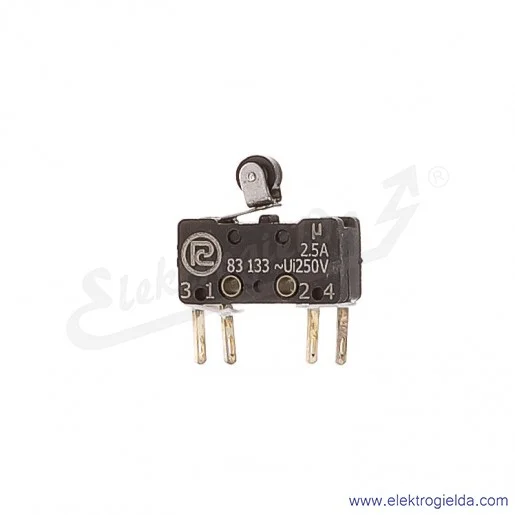 Łącznik krańcowy miniaturowy 83-133s 54Er 7,5 z dźwignią 7,5mm i rolką 1Z+1R srebrzony Łącznik krańcowy miniaturowy 83-133s 54Er 7,5 z dźwignią 7,5mm i rolką 1Z+1R srebrzony