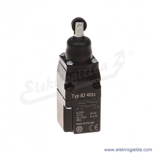 Łącznik krańcowy 83-401s w obudowie z popychaczem i rolką 1Z+1R srebrzony Łącznik krańcowy 83-401s w obudowie z popychaczem i rolką 1Z+1R srebrzony