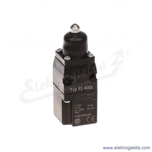 Łącznik krańcowy 83-400s w obudowie z popychaczem i kulką 1Z+1R srebrzony Łącznik krańcowy 83-400s w obudowie z popychaczem i kulką 1Z+1R srebrzony