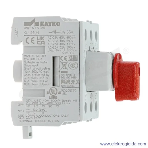 Rozłącznik modułowy KU 340N 3P 40A pokrętło czerwone Rozłącznik modułowy KU 340N 3P 40A pokrętło czerwone