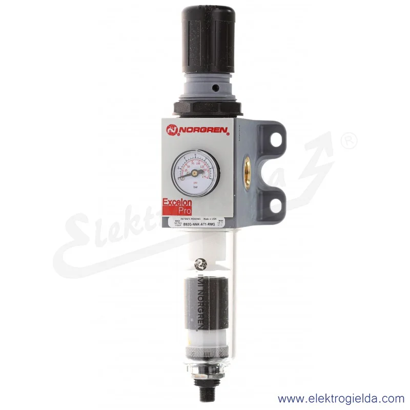 Filtroreduktor B92G-2GK-AT1-RMG, G1/4, zakres regulacji cisnienia 0.3-10 Bar, filtracja 5µm, 1140 l/min, wbudowany manometr, aut Filtroreduktor B92G-2GK-AT1-RMG, G1/4, zakres regulacji cisnienia 0.3-10 Bar, filtracja 5µm, 1140 l/min, wbudowany manometr, aut