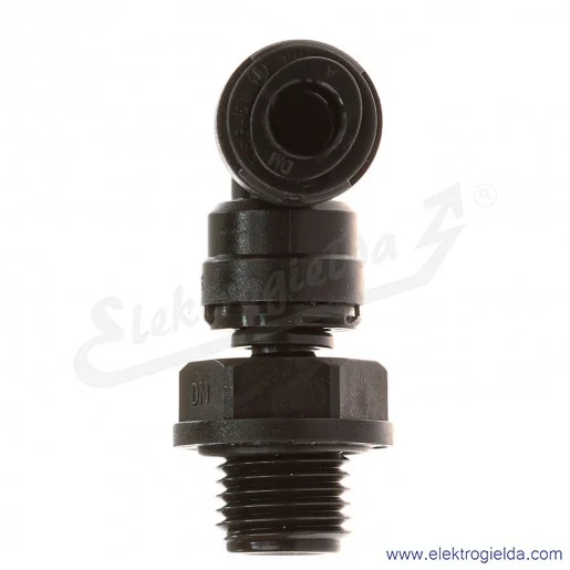 Adapter kolanka obrotowego 90° D02470628, G1/4, Fi 6, wykonanie z acetalu, przeznaczony dla przemysłu spożywczego, Pneufit D Adapter kolanka obrotowego 90° D02470628, G1/4, Fi 6, wykonanie z acetalu, przeznaczony dla przemysłu spożywczego, Pneufit D