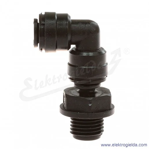 Adapter kolanka obrotowego 90° D02470628, G1/4, Fi 6, wykonanie z acetalu, przeznaczony dla przemysłu spożywczego, Pneufit D Adapter kolanka obrotowego 90° D02470628, G1/4, Fi 6, wykonanie z acetalu, przeznaczony dla przemysłu spożywczego, Pneufit D