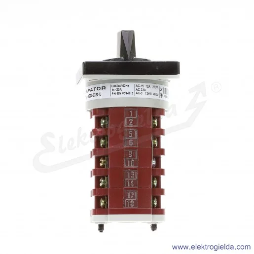 Łącznik krzywkowy 4G25-3320-U-R114 /0-Y-D/ + styk na "0" i "D" 25A, bez obudowy Łącznik krzywkowy 4G25-3320-U-R114 /0-Y-D/ + styk na "0" i "D" 25A, bez obudowy