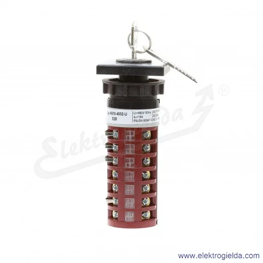 Łącznik krzywkowy 4G10-4552-U S29 "ZDALNE-0-LOKALNE-RĘCZNE" mocowanie w otworze 22.5mm, z tabliczką przednią Łącznik krzywkowy 4G10-4552-U S29 "ZDALNE-0-LOKALNE-RĘCZNE" mocowanie w otworze 22.5mm, z tabliczką przednią