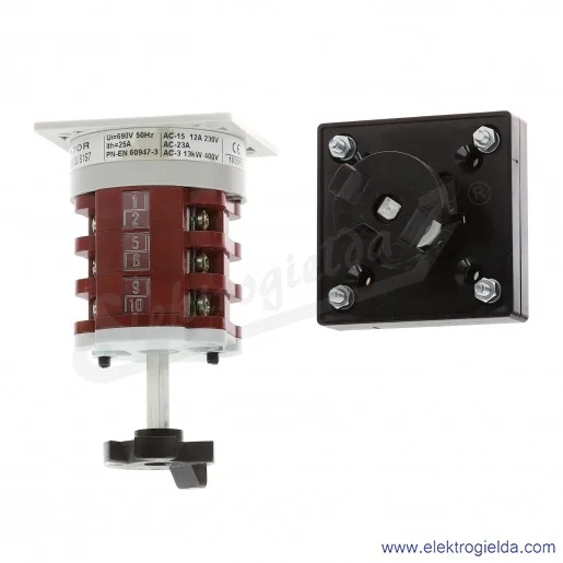 Łącznik krzywkowy 4G25-100-OU S1S7 N-73 0-1 montaż na płycie, ze sprzęgłem, pokrętło na drzwi, doszczelniony wałek IP55 Łącznik krzywkowy 4G25-100-OU S1S7 N-73 0-1 montaż na płycie, ze sprzęgłem, pokrętło na drzwi, doszczelniony wałek IP55