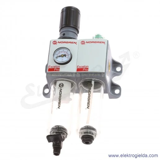 Zestaw FRL BL92-235G, filtroreduktor+ smarownica, G1/4, zakres regulacji 0.3-10 Bar, filtracja 5µm, manometr wbudowany, 1440 l/m Zestaw FRL BL92-235G, filtroreduktor+ smarownica, G1/4, zakres regulacji 0.3-10 Bar, filtracja 5µm, manometr wbudowany, 1440 l/m