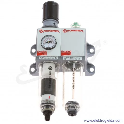 Zestaw FRL BL92-215G, filtroreduktor+ smarownica, G1/4, zakres regulacji 0.3-10 Bar, filtracja 5µm, manometr wbudowany, 1440 l/m Zestaw FRL BL92-215G, filtroreduktor+ smarownica, G1/4, zakres regulacji 0.3-10 Bar, filtracja 5µm, manometr wbudowany, 1440 l/m