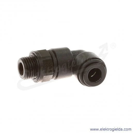 Adapter kolanka obrotowego 90° D02470828, G1/4, Fi 8, wykonanie z acetalu, przeznaczony dla przemysłu spożywczego, Pneufit D Adapter kolanka obrotowego 90° D02470828, G1/4, Fi 8, wykonanie z acetalu, przeznaczony dla przemysłu spożywczego, Pneufit D